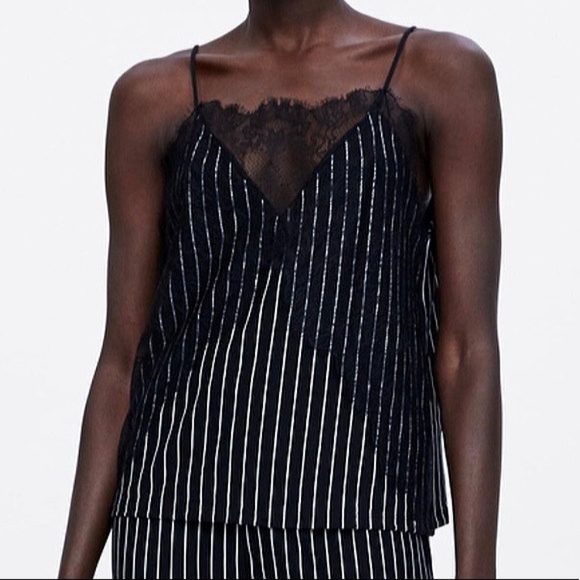 Zara Basic Striped Lace Top Camisole Host Pick 🥨 Black and White Coquette VGUC - Picture 1 of 7